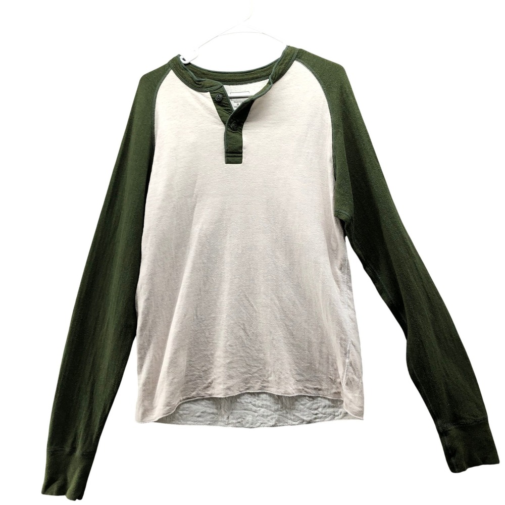 LL Bean Wool Blend Henley Thermal Shirt Mens M Beige Green Long Sleeve
